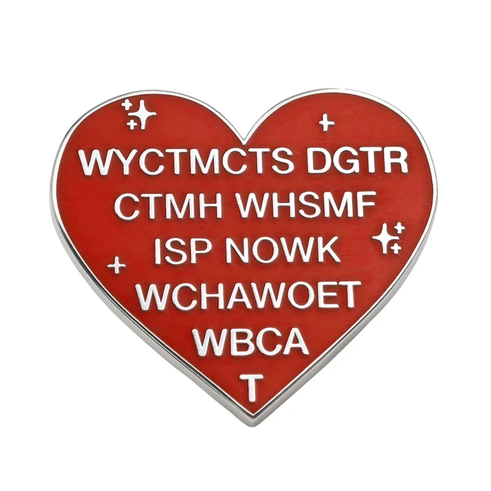 Red Heart-shaped Letter Enamel Pin WYCTMCTS DGTR Metal Badge Red Background Art Letter Brooch Anime Dialogue Lapel Pin Fans Gift