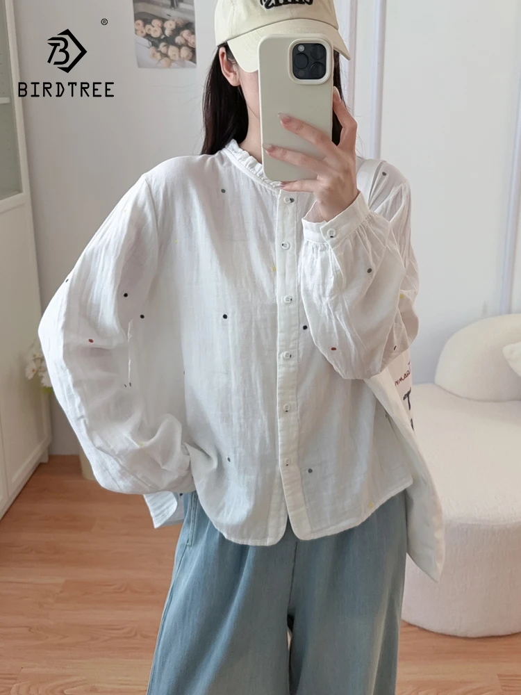 New 2026 Summer Women Cotton Yarn Long Sleeve Shirt, Stand Ruffles Dot Print, Mori Girl French Casual Soft Loose Blouse T66623CC