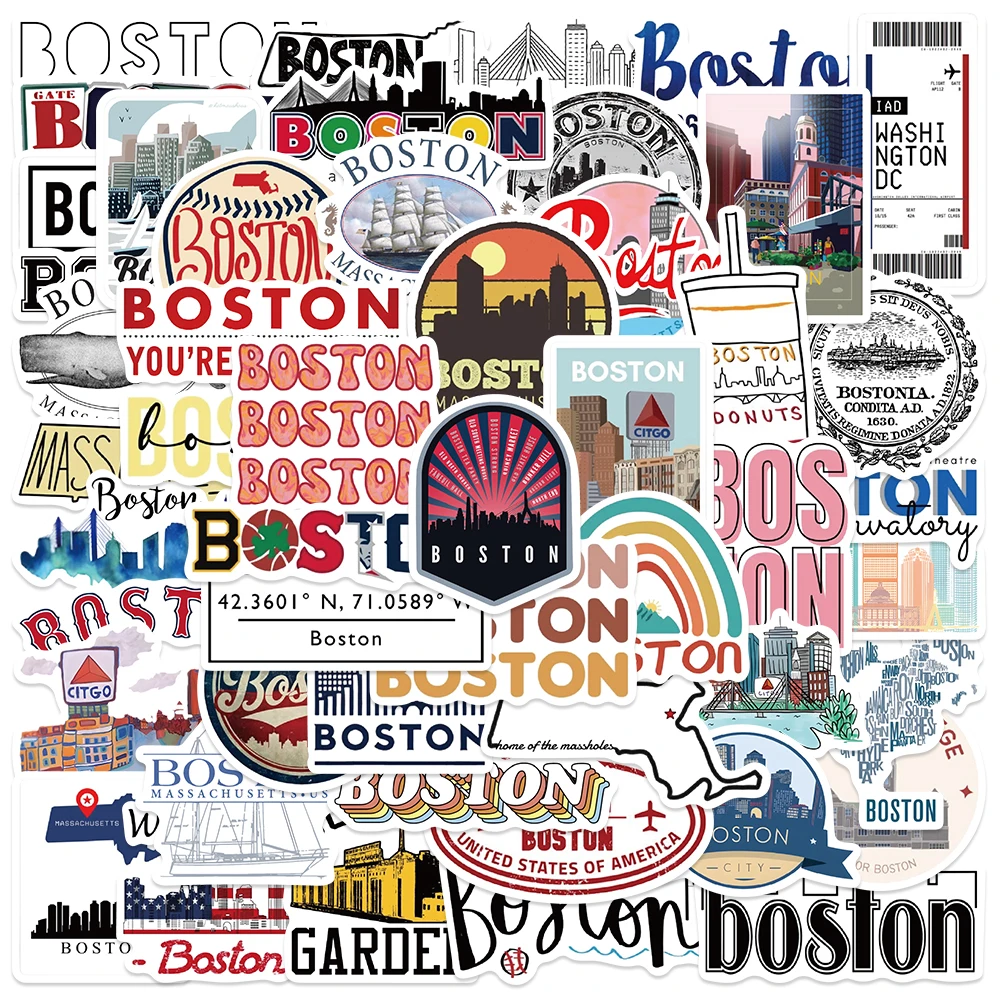 50PCS Boston City American Stickers Decoration DIY Travel Diary Laptop Suitcase Notebook Stationery Wall Motorcycle Car Sticker