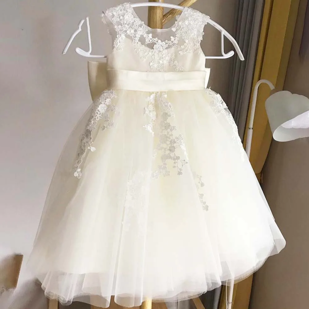 Vestidos de niña de flores hinchados de tul, encaje de color marfil con lazo de satén sin mangas, vestidos de baile de cumpleaños para niños, vestidos de primera comunión de princesa