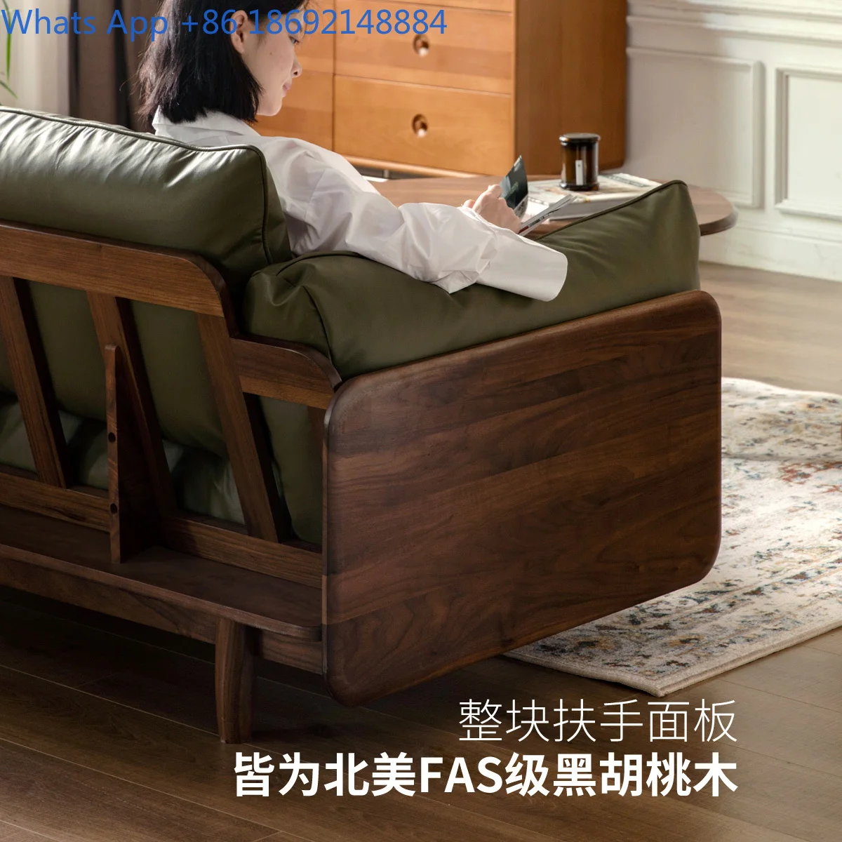 أريكة من خشب الجوز الصلب لغرفة المعيشة الصغيرة، أريكة بمقعدين من الجلد الطبيعي على الطراز الصيني الحديث