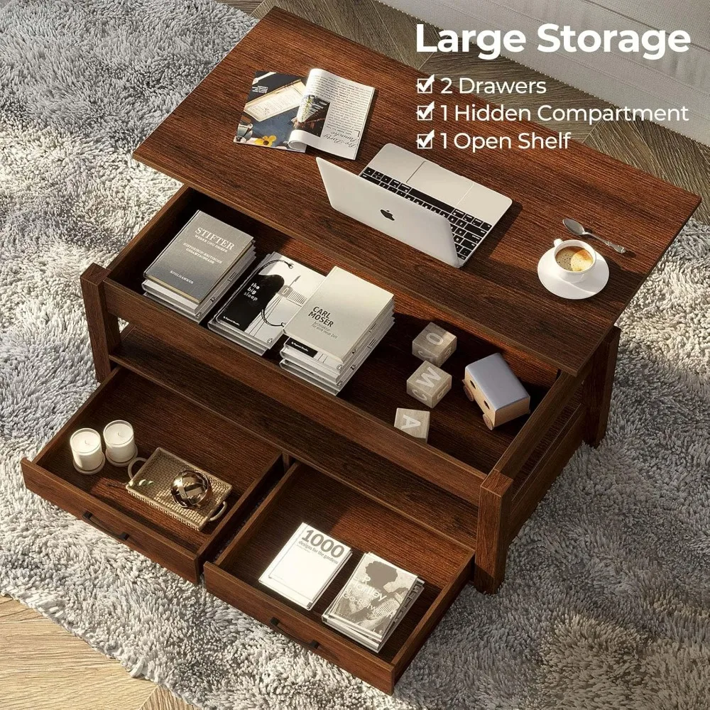

Lift Top Coffee Table with Drawers and Hidden Compartment, Retro Central Table with Wooden Lift Tabletop, for Living Room