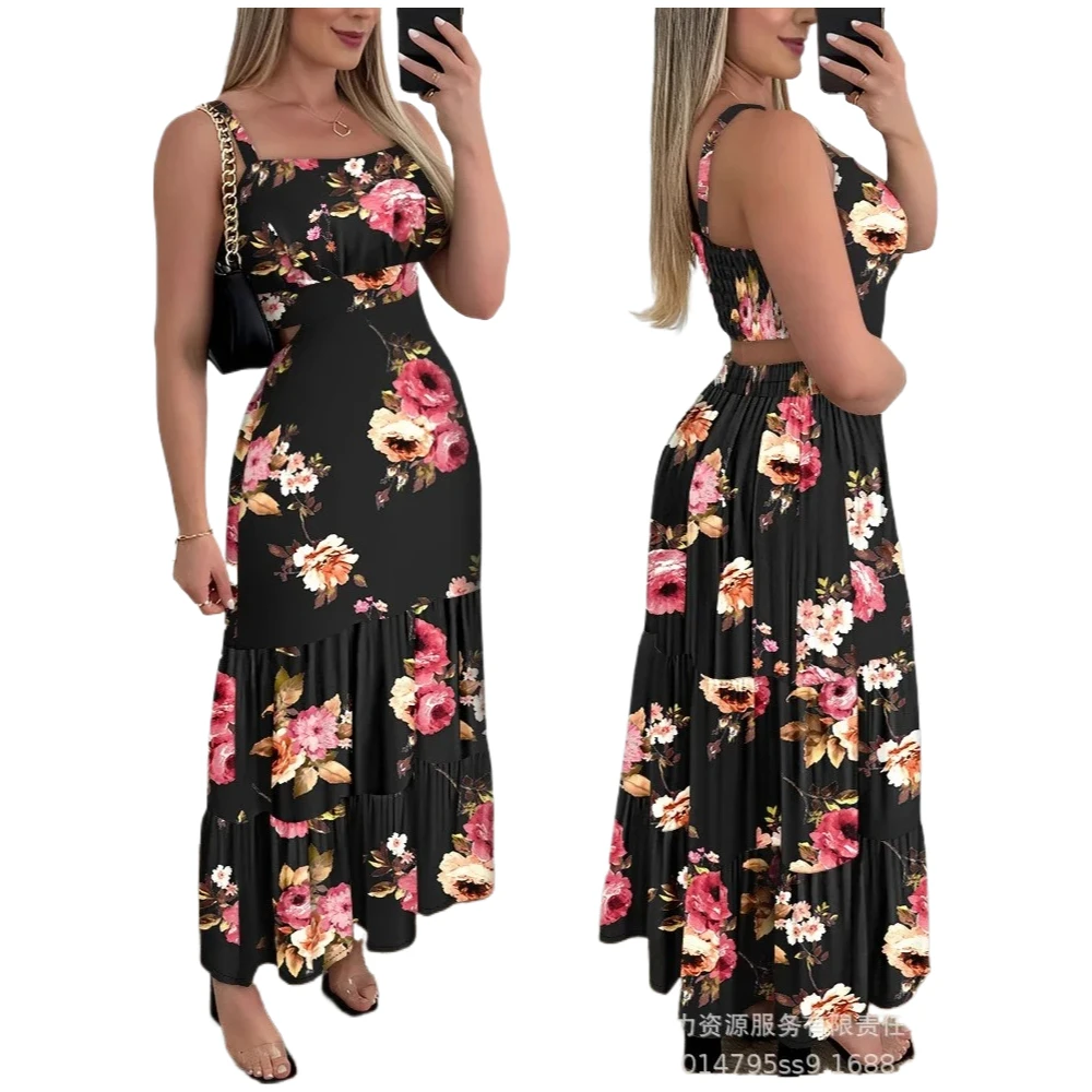 Abito sexy con cinturino lungo Abito estivo con canottiera da donna senza maniche con motivo rosa stampato sexy scava fuori