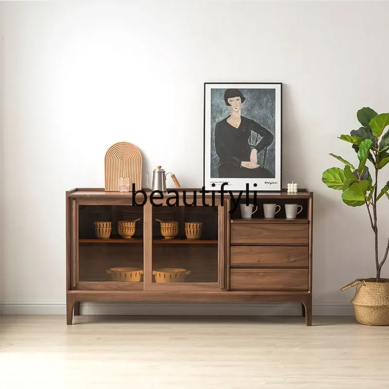 

Nordic tea cabinet, black walnut all solid wood dining side cabinet, log porch storage wine cabinet