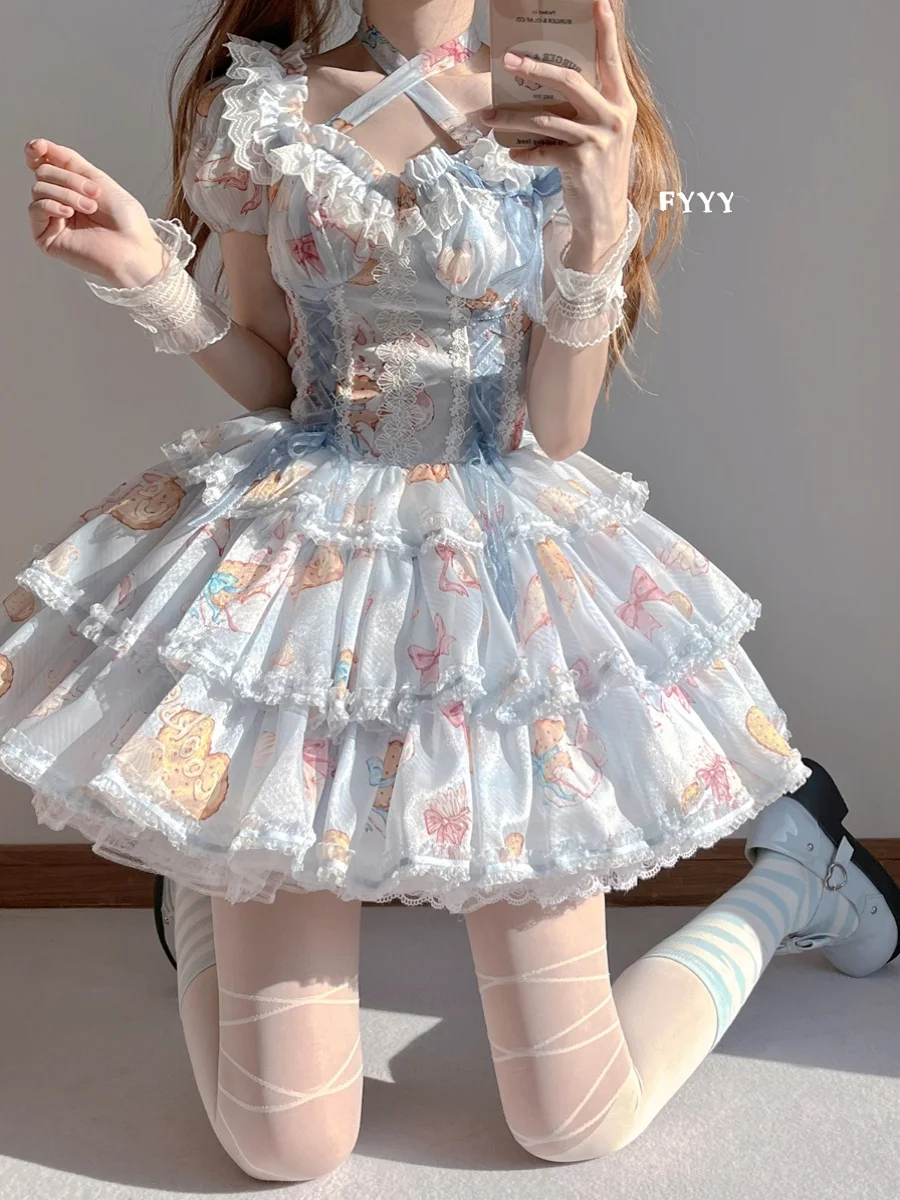 Lolita Op Dress Original Spring and Summer Women's Sweet Short-sleeved Cartoon Printed Three-segment Princess Dresses