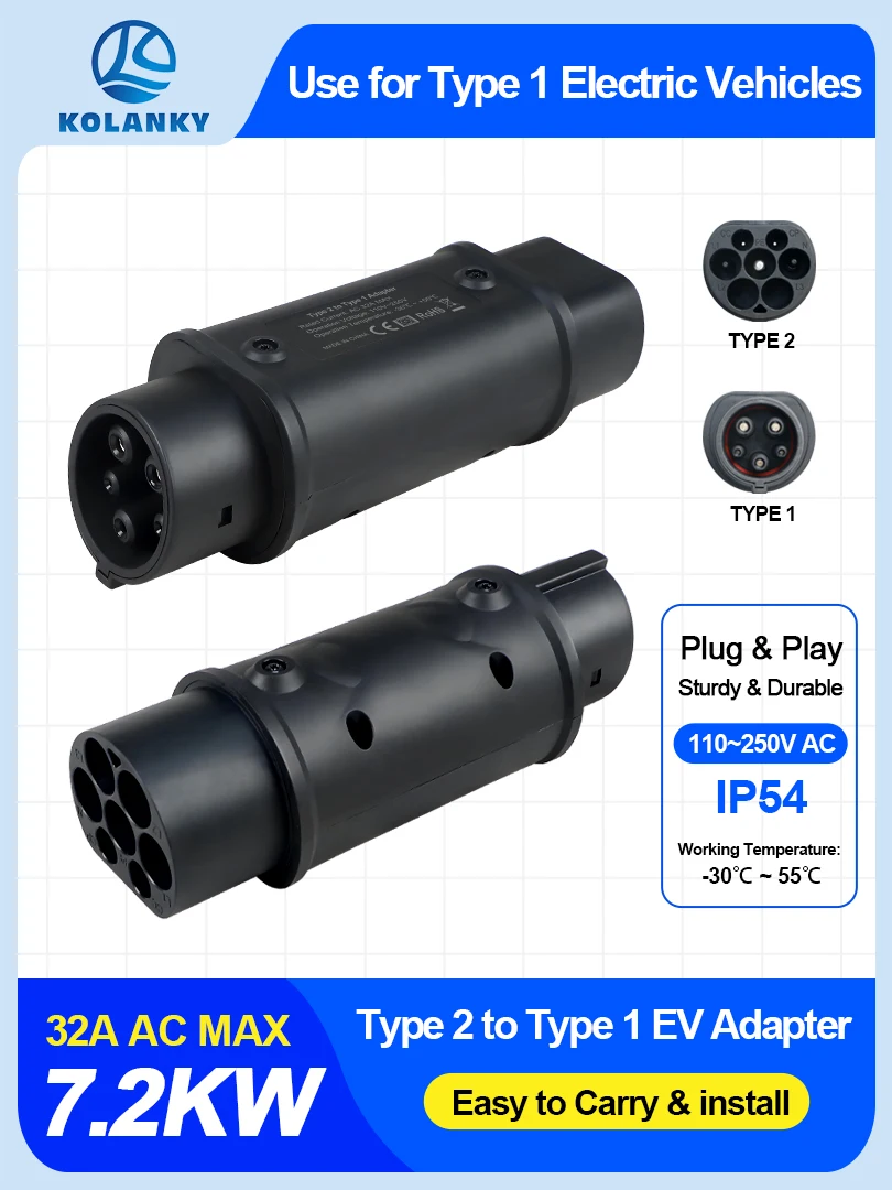 Kolanky EV-Ladegerät-Adapter Typ 2 bis Typ 1, 7,2 kW, Aufladen für SAE J1772 US-Elektrofahrzeug PHEV Hybrid-Autosockel