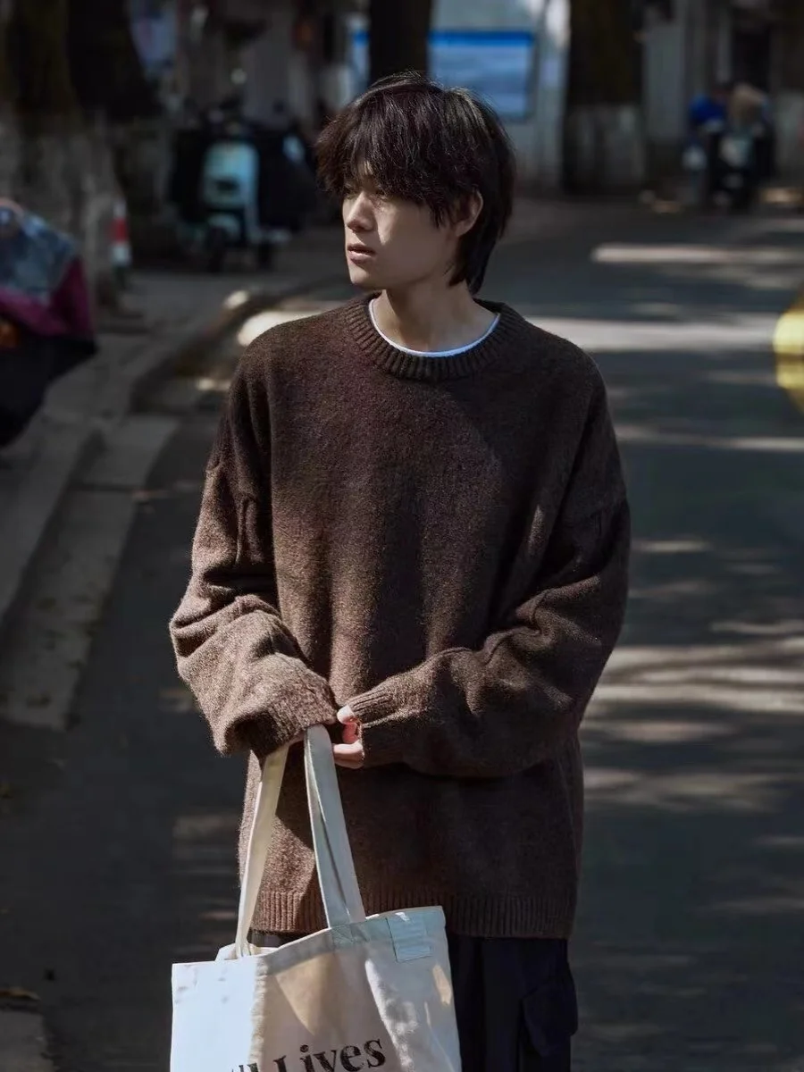 

Свободный вязаный свитер однотонного цвета в стиле ретро, японский стиль, осенне-зимняя мода, повседневная одежда для студентов, парная модель