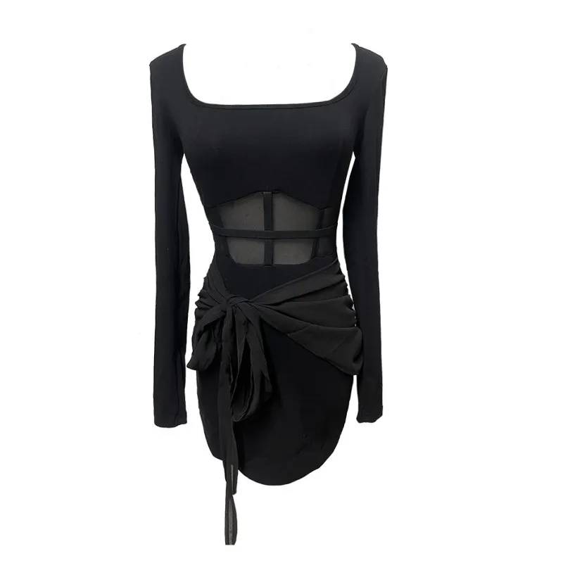 فستان ملهى ليلي أسود بأكمام طويلة ورقبة مربعة نحيف شفاف من خلال فستان قصير شبكي مثير للنساء #6