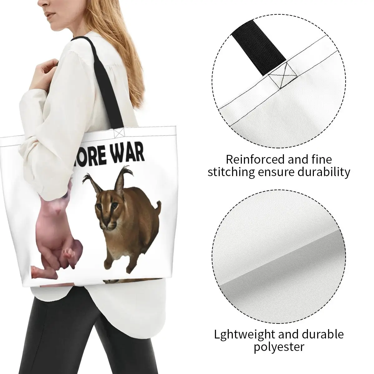 Funny Printed No More War Big Floppa And Bingus Shopping Tote Bags Washable Canvas Shoulder Shopper Funny Cat Meme Handbag