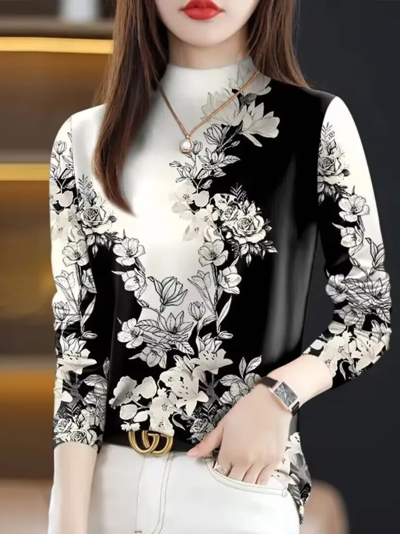 New Spring 2026 Large Size Printed Long Sleeve Women's T-shirt Belly Covering Fashionable Commute Style Milk Fiber Polyester ...