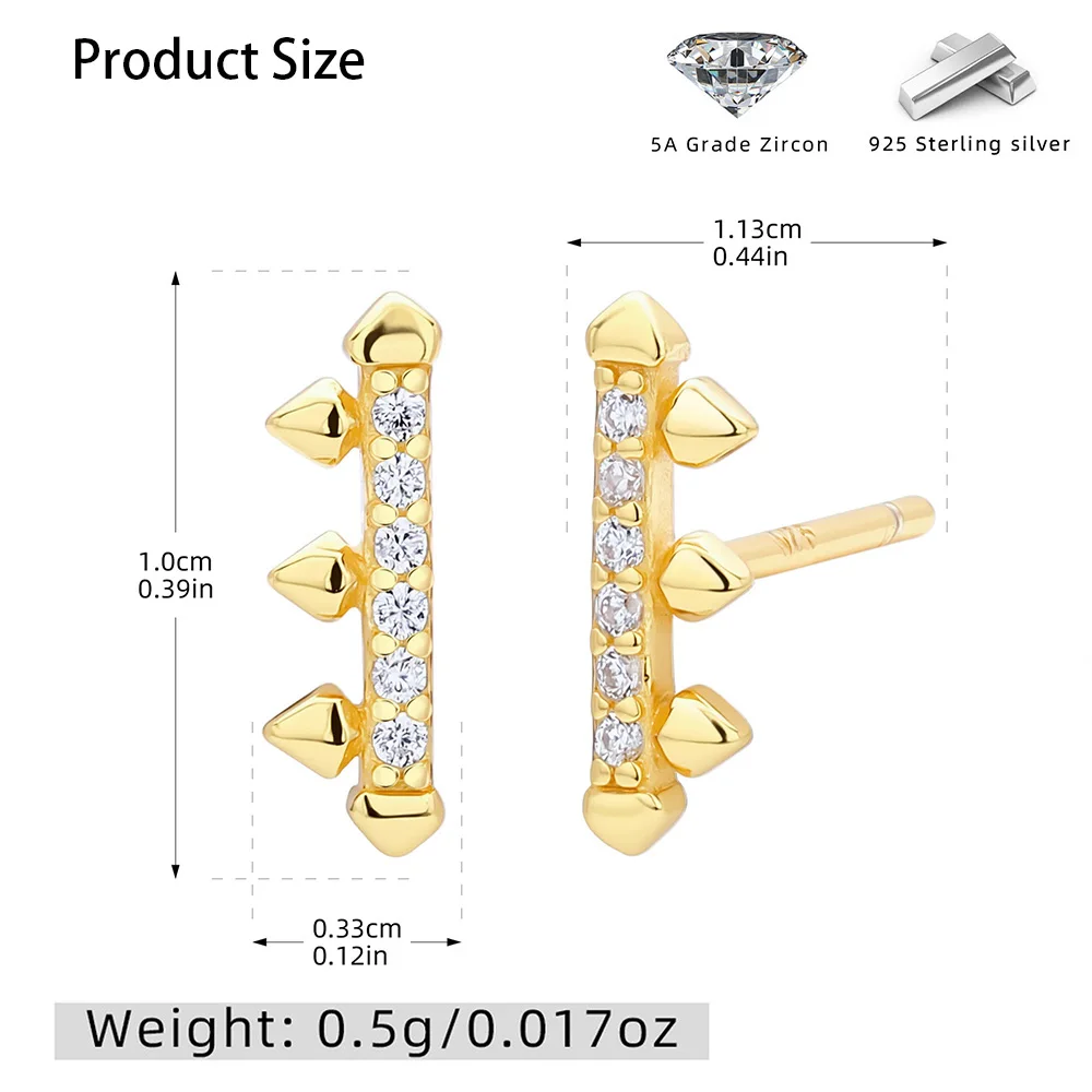 MIYEJI Real 925 Sterling Silver Stick Zircon Embedded Rivet Stud Earrings For Women Versatile Classic Fine Jewelry Accessible