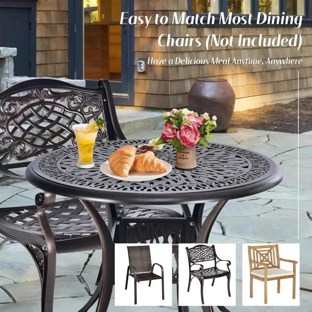 

36 Inch Outdoor Dining Table, Round Cast Aluminum Patio Dining Table with Umbrella Hole, Weather-Resistant Patio, Customized