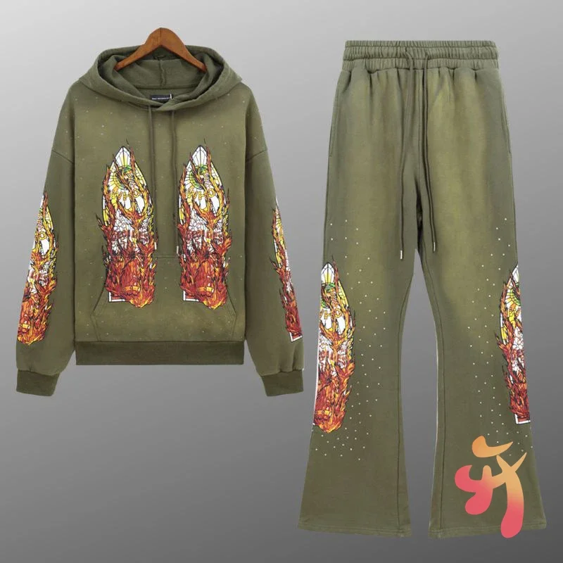 Washed Retro Green WHO DECIDES WAR Hoodies Tracksuit Winter Hiphop Street Men Women Glass Print Bell-bottoms WDW Pants