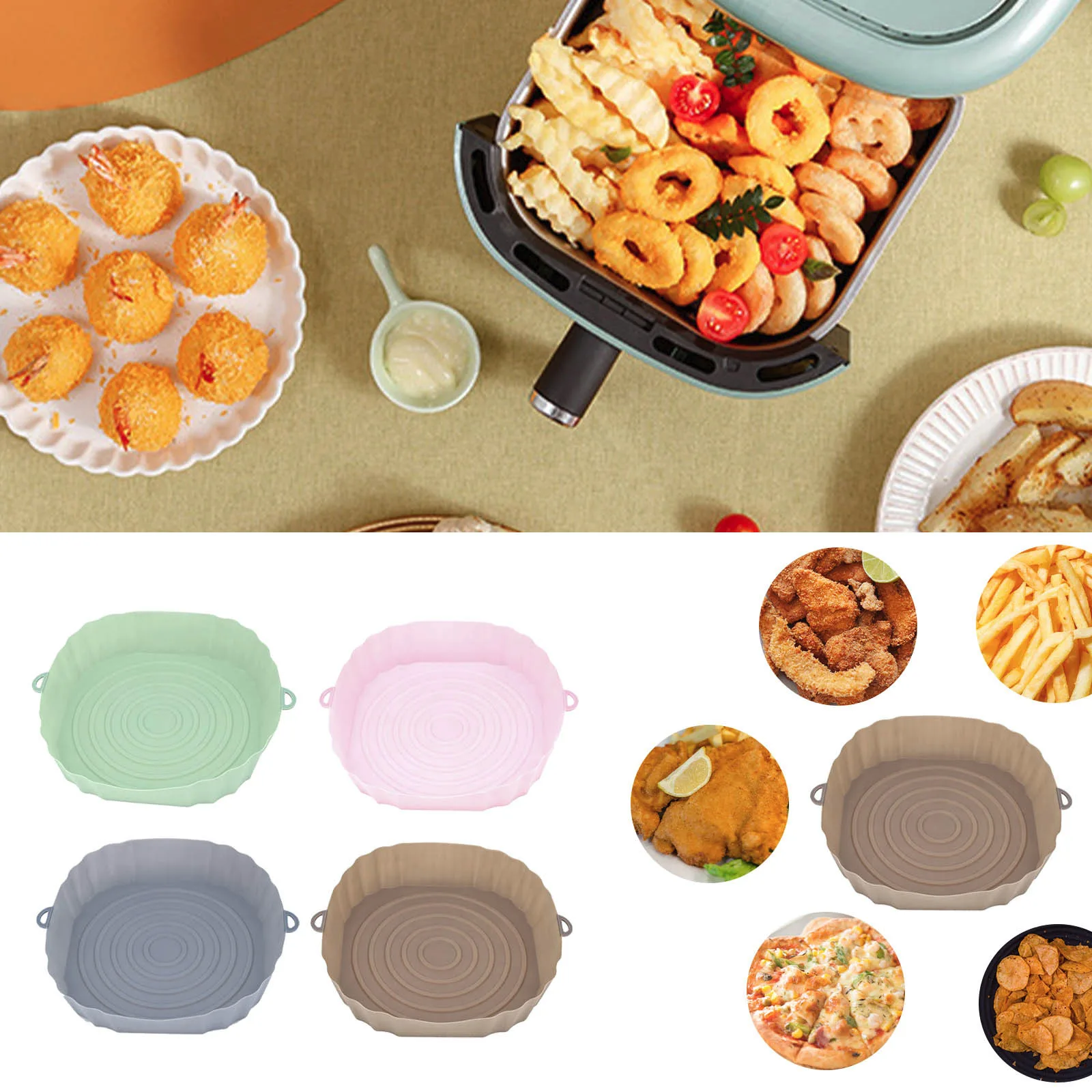 3Pcs Silicone Basket for Air Fryer Oven Baking Tray Pizza Fried Chicken Silicone Mold Reusable Bakeware Liner Kitchen Accessorie