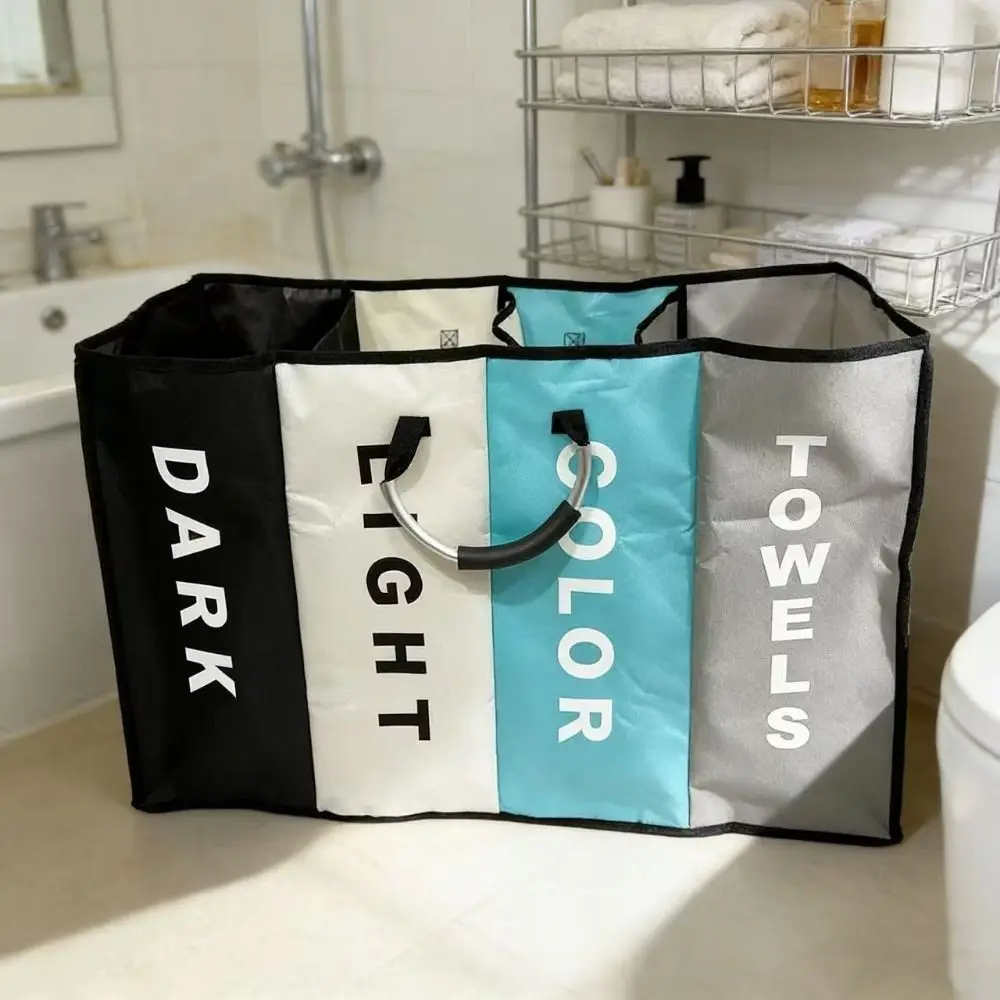 Large Capacity 4 Grids Dirty Clothes Basket Folding Waterproof Dirty Clothes Storage Basket Oxford Cloth with Handles