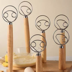 1PC Oak Handle Flour Blender Danish Dough Blender Stainless Steel Coil Eggbeater Tool