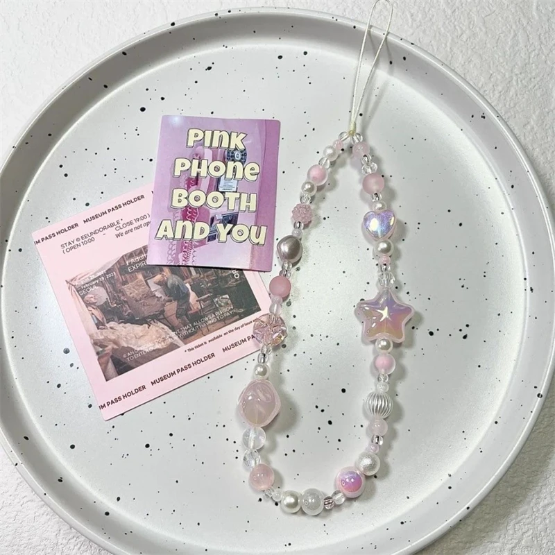Korean Y2K Cute 3D Pink Star Heart Beaded Phone Chain Charm Lanyard For iPhone Samsung Universal Anti-Loss Hanging Rope Jewelry