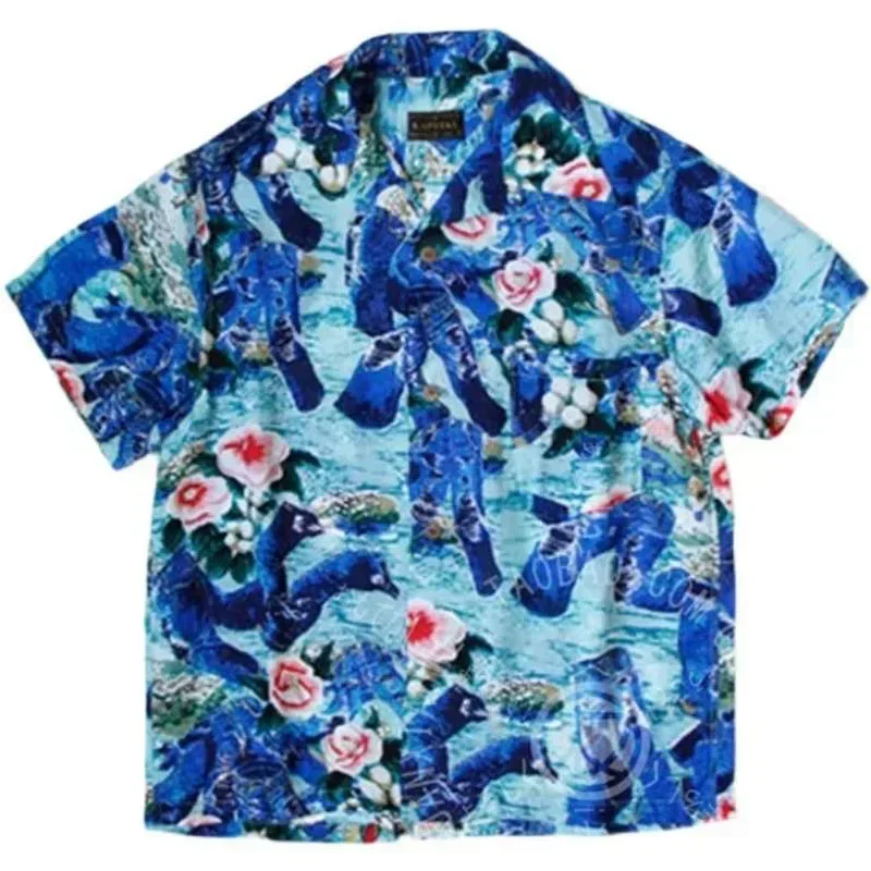 

21SS KAPITAL Hirata Two Color Cotton Hemp Flower Print Japanese Fashion Hawaiian Short Sleeve Shirt for Men