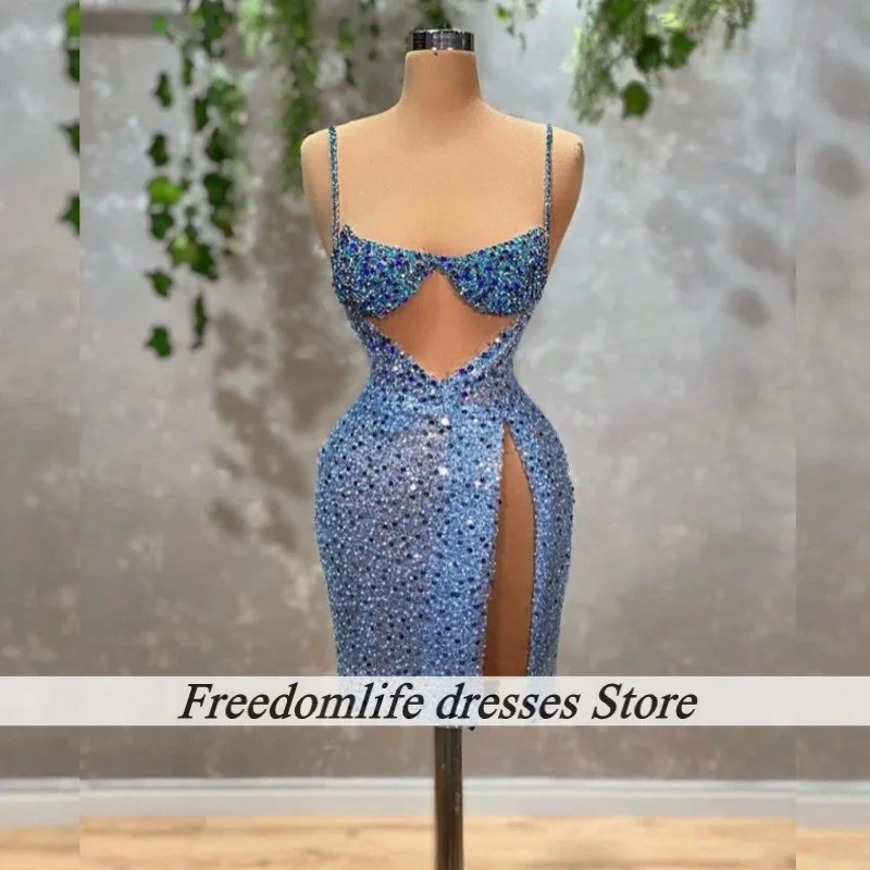 

Charming Blue Straps Birthday Dresses Glitter Sexy Hollow Mini Prom Dress For Women 2025 Luxurious Homecoming Gowns Customized