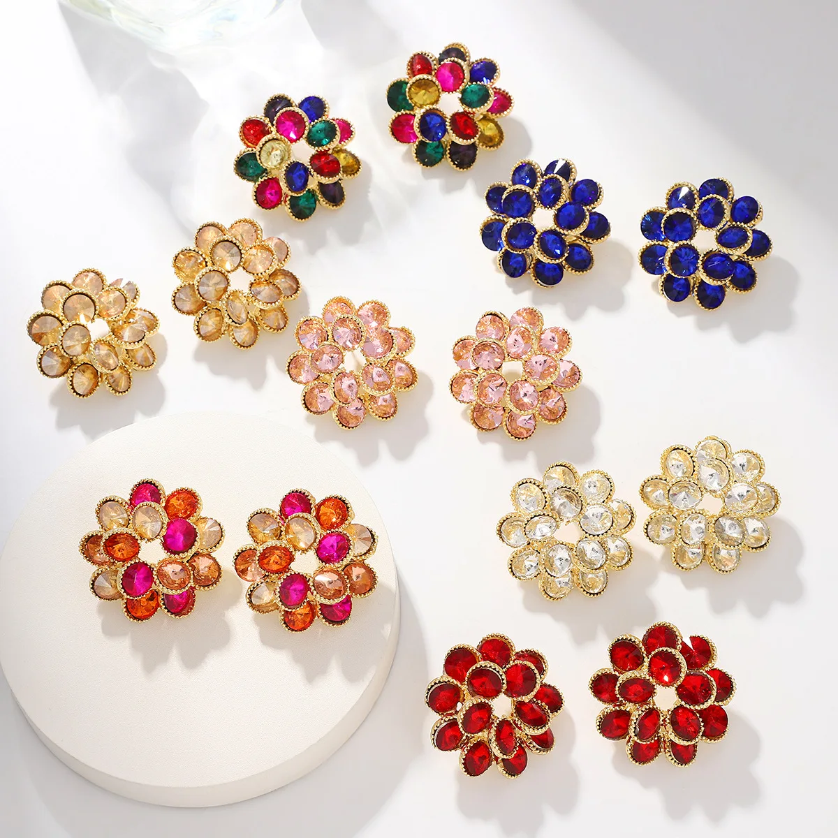 French sunflower earrings double-layer crystal color three-dimensional flower earrings temperament heavy industry earrings