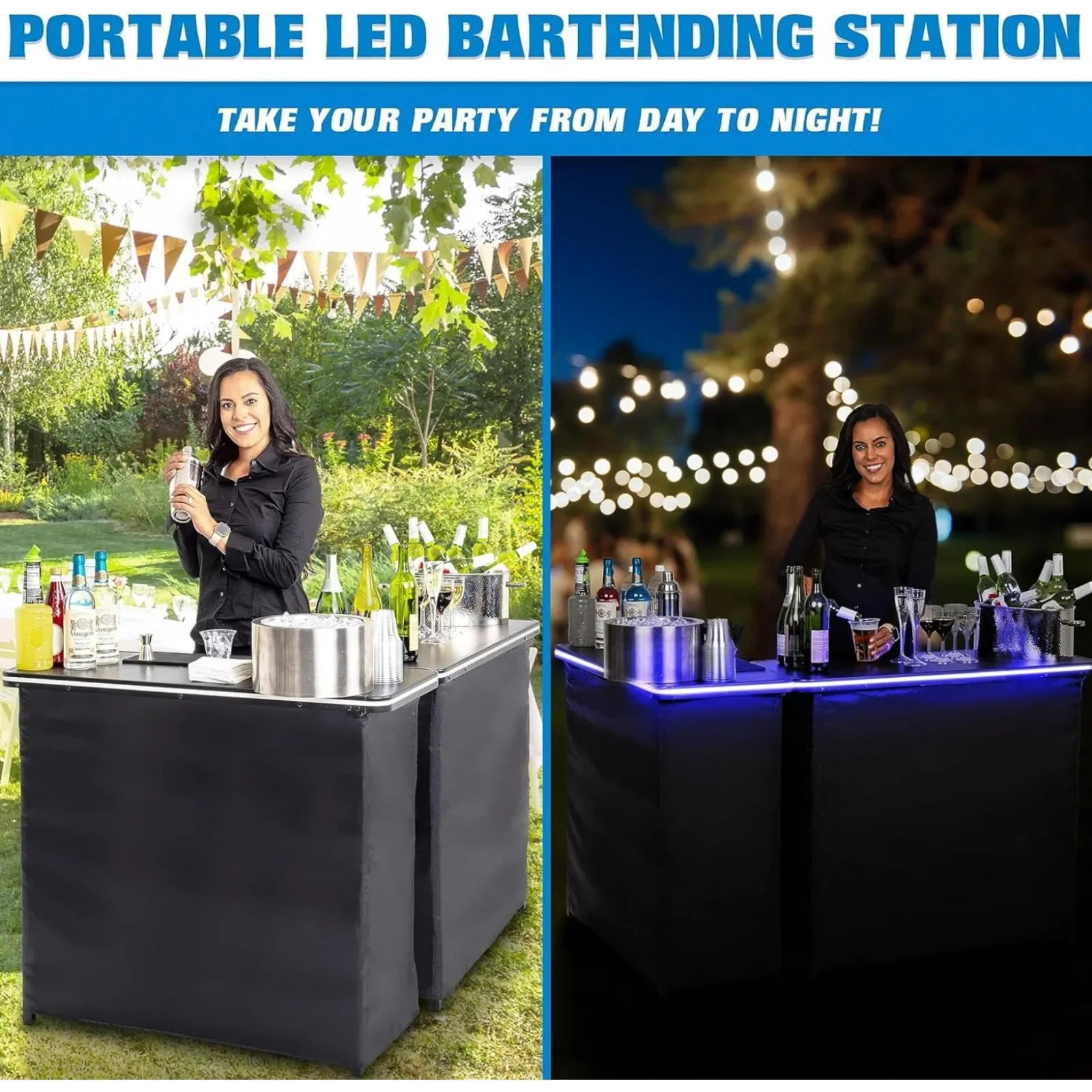 GoBar Portable Double Bar Table Set with Multi-Color LED Lights - Mobile Bartender Station for Events - Includes Carrying