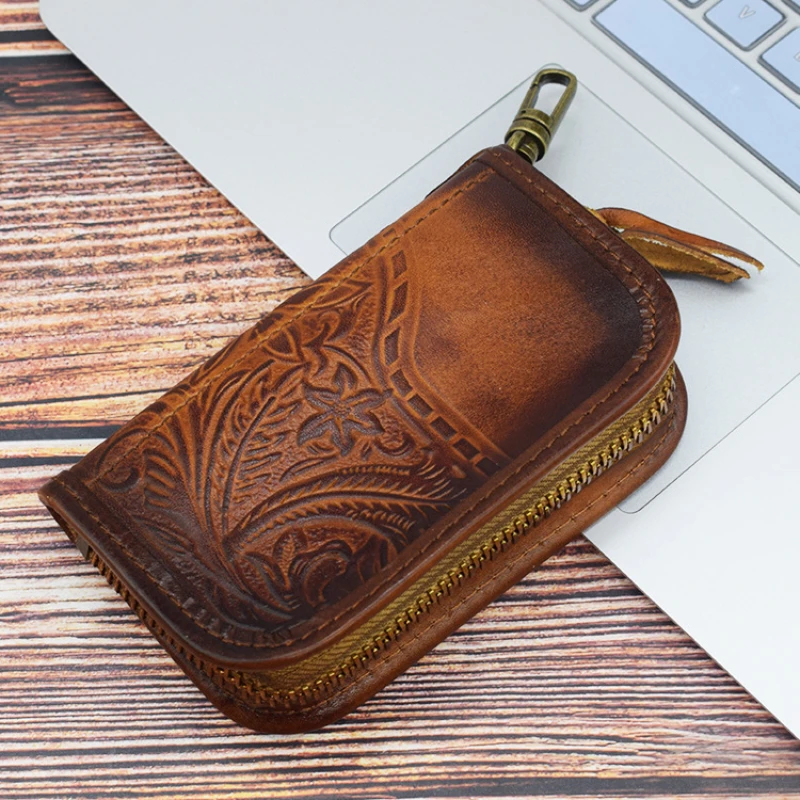 Genuine Leather Key Wallet Men Women Short Vintage Handmade Zipper Car Key Card Holder Coin Purse Bag Organizer