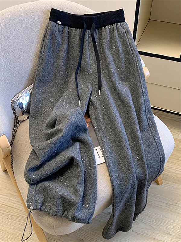 

Женские брюки с широкими штанинами на флисовой подкладке, с эластичным поясом на шнурке, украшенные стразами, повседневный городской стиль