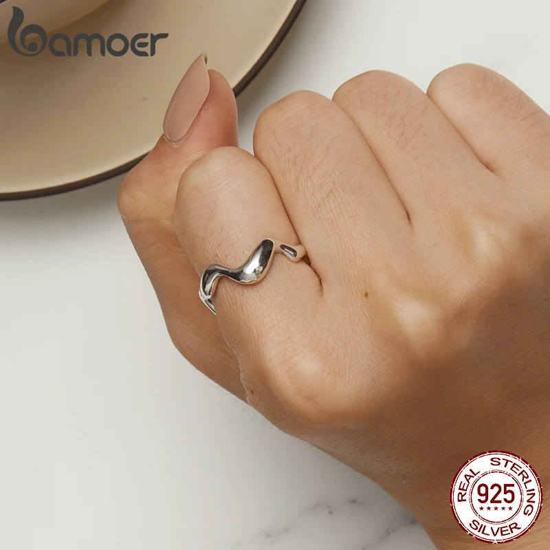 BAMOER 925 Sterling Silver Ring Minimalist Wave Teardrop High Polish Tarnish Resistant Comfort Fit Adjustable Ring for Women