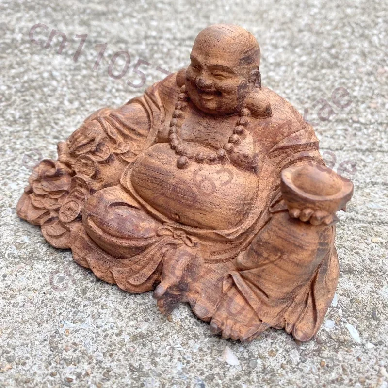 Natural Wood Laughing Buddha Statue for Home Office Decor, Lucky Money God Maitreya Sculpture Figurine Table Ornament Gift