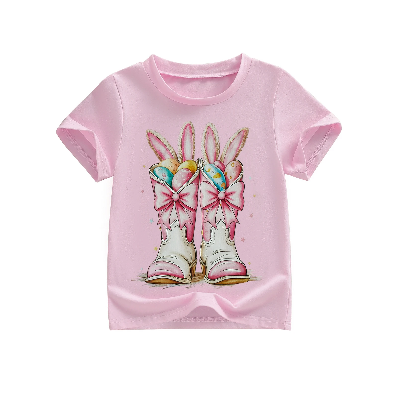 

Little Girls Easter Shirts Short Sleeve Crew Neck Bunny Ears Boots Print Casual Summer Tops