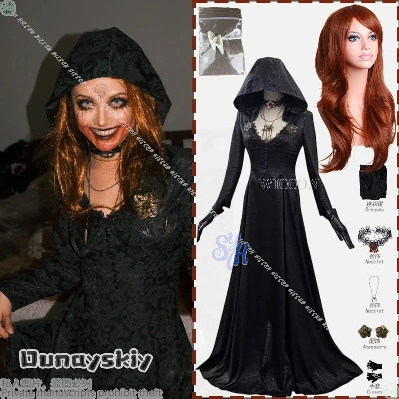 

Bela Аниме Игра Dimitrescuu Костюм {Dunayskiy}Винтажный длинный халат Ужас Вампир Черный Глубокий V Большая шляпа Кружевное готическое платье Хэллоуин