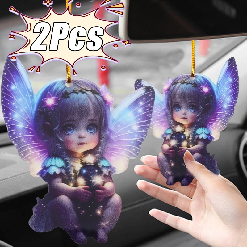 

1/2PCS Acrylic Cherub Car Pendant for Car Rearview Mirror Bag Decoration Keychain Cute Purple Elf Car Interior Decoration