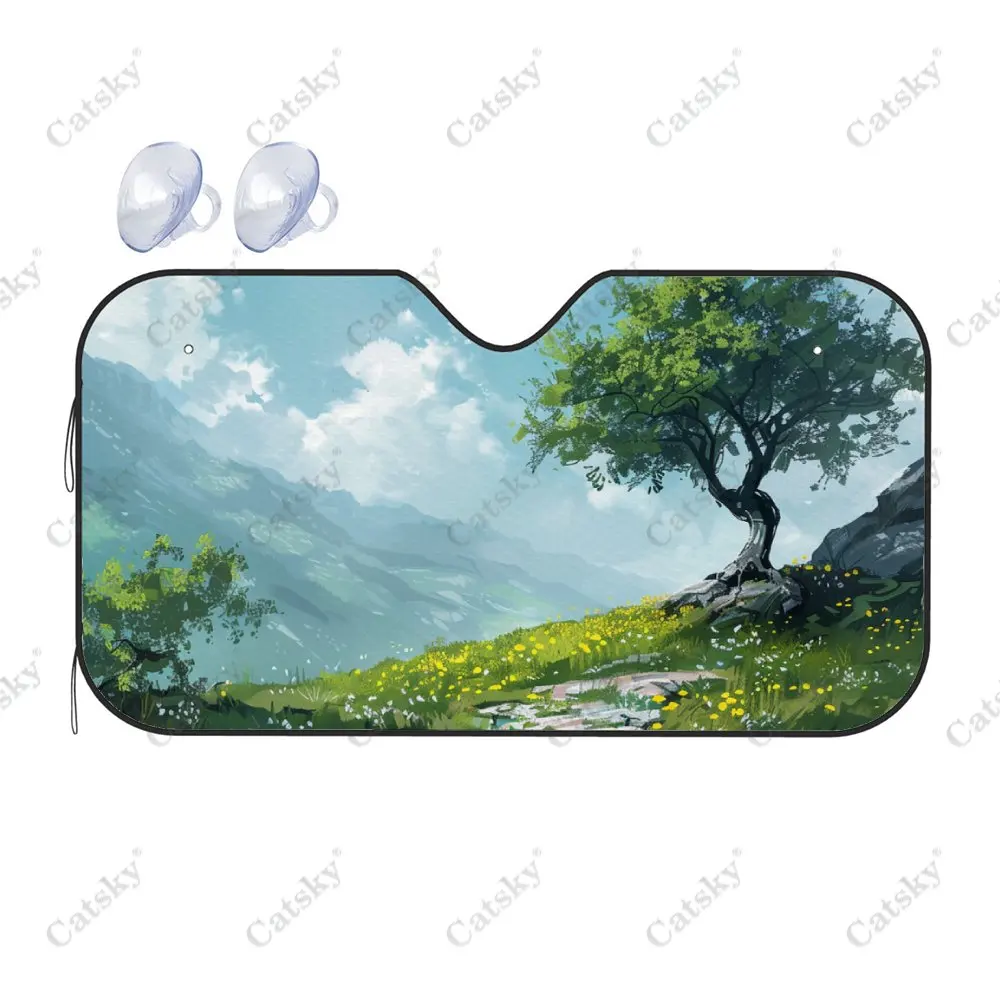 Mountain Tree Sky Cloud Scenery Car Windshield Sunshade,Auto Accessories Front Windshield Sun Visor Blocks Uv Rays Protect Decor