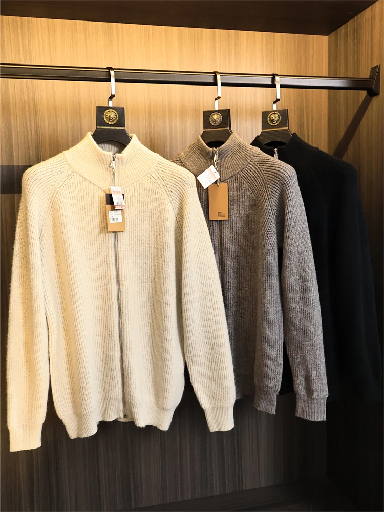 

Thiened f-High Collar Knitted Sweater for Men Autumn Winter Faion Ci Sle Long Sve Zipper Design Pure Color Coat