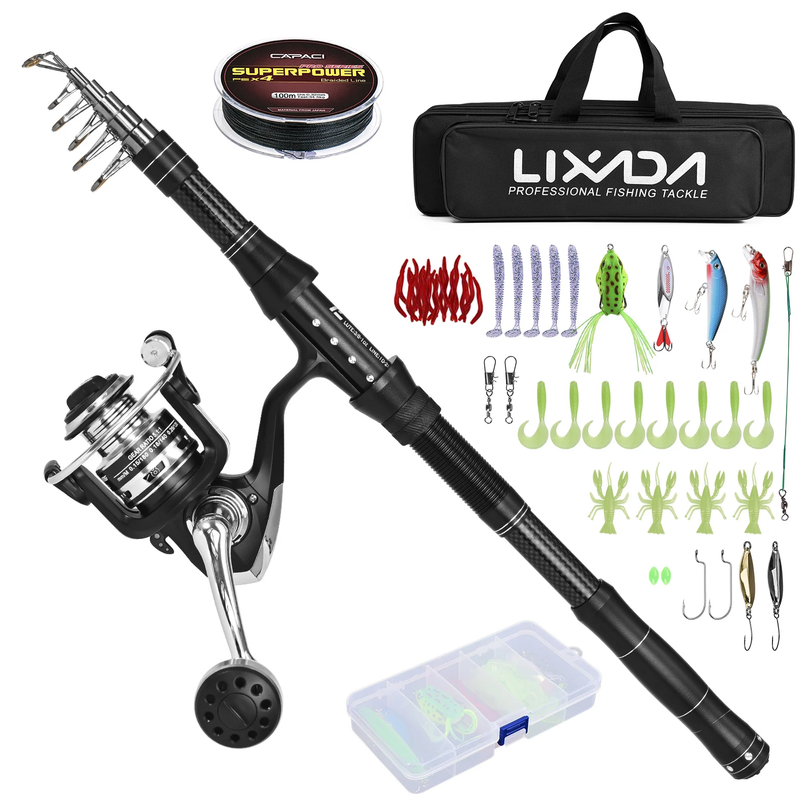 LIXADA Fishing Rod and Reel Combos Telescopic Fishing Pole with Spinning Reel Combo Kit Fishing Line Lures Hooks Set Accessories