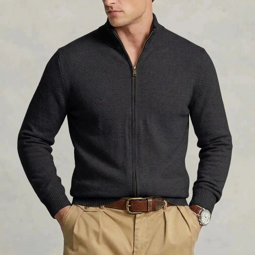Herbst Herren Strick-Cardigan mit Reißverschluss, lässige Jacke mit Stehkragen, weiche Jacke, schmale Passform, thermische Winter-Oberbekleidung für Herren – Detail 5