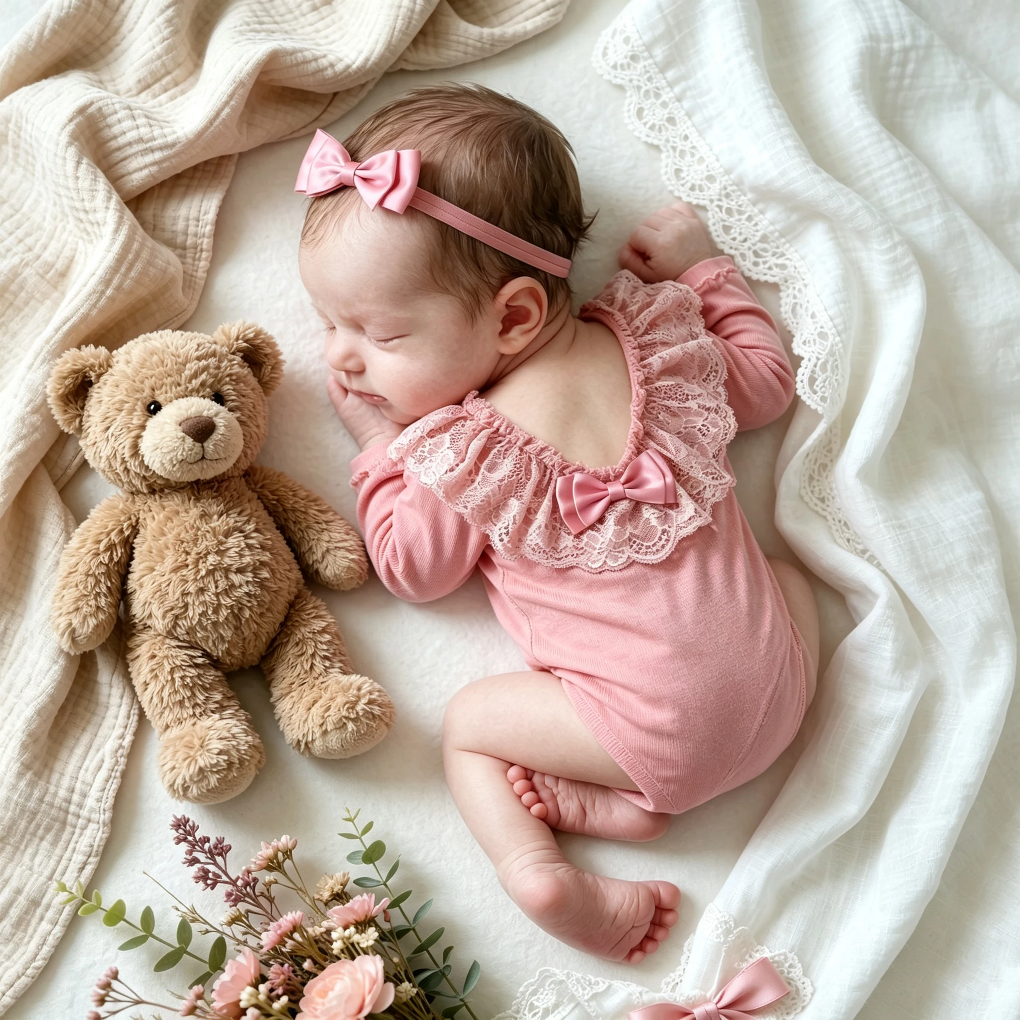 Newborn Baby Girl Photo Outfit Pink Lace Ruffle Long Sleeve Bodysuit with Bow Headband Infant Photography Props Baby Shower Gift