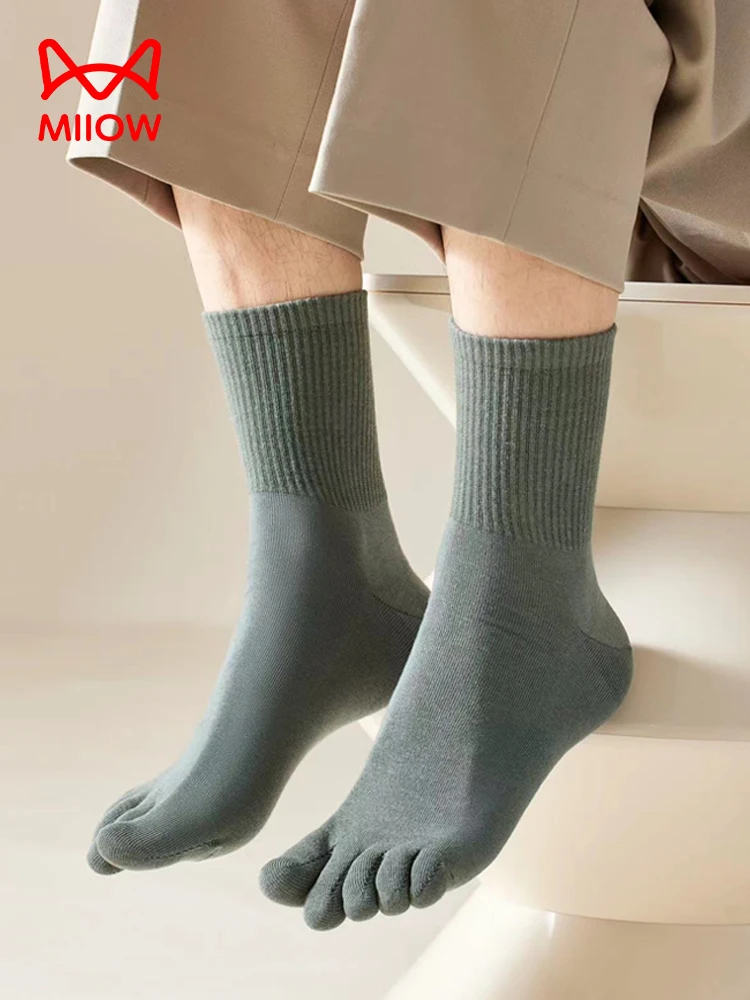 MiiOW 100% Pure Cotton Five Finger Socks Sweat Absorbent Antibacterial Breathable Men Seamless Spilt Toe Sock Thick Crew Socks