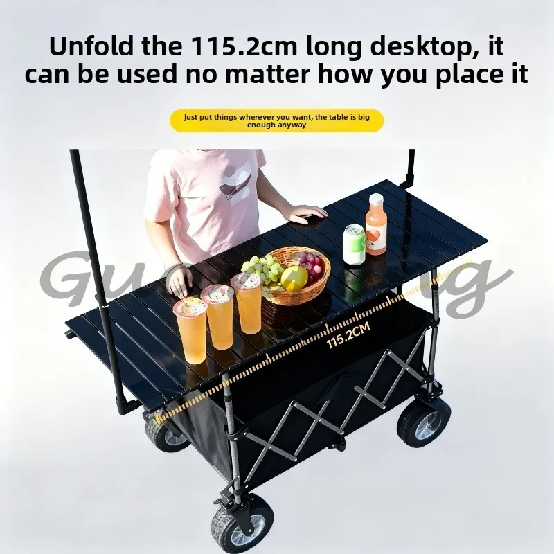 Large Capacity Foldable Camping Wagon, Portable Picnic Trolley with Adjustable Table Board for Stall Travel & Shopping