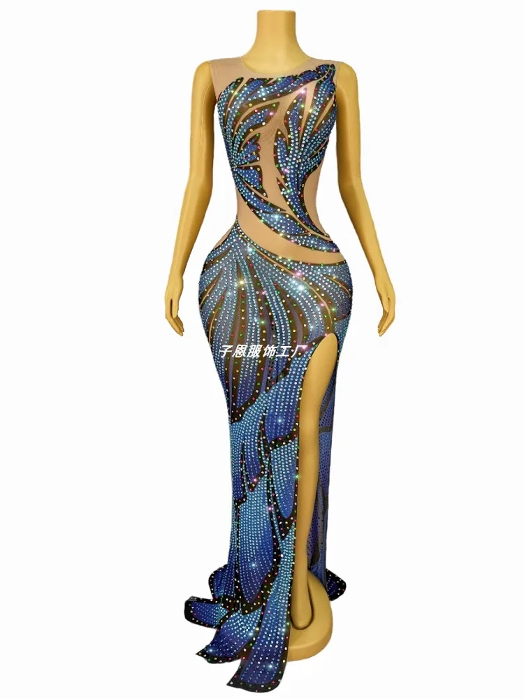 The new 2024 custom butterfly design crystal bright color rhinestone split long dress party party temperament dress performance