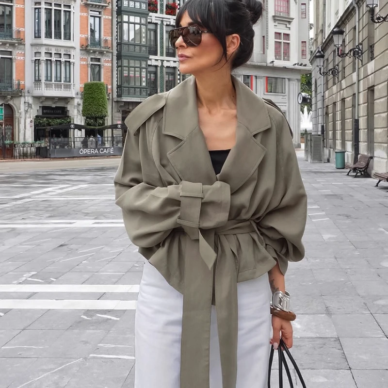 TARUXY Lace Up Pocket Trench Coat Women's Chic Solid Lapel Full Long Sleeves Windbreaker Jacket Autumn Lady New Street Outerwear