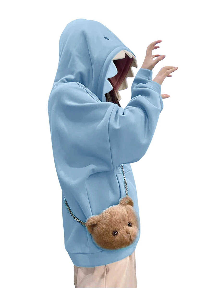 Women Cute Shark Hoodie Long Sleeve Blue Kawaii Animal Shark Shape Hooded Pullover Oversized Aesthetic Sweatshirts for Teen