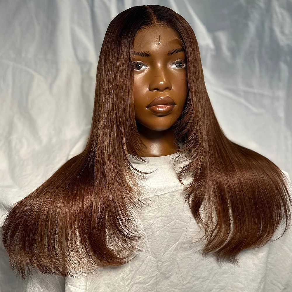

Chocolate Brown Layered straight Glueless Wig 13x6HD Transparent Lace Frontal Wig 400Density Brazilian Remy Hair Wig Pre Plucked