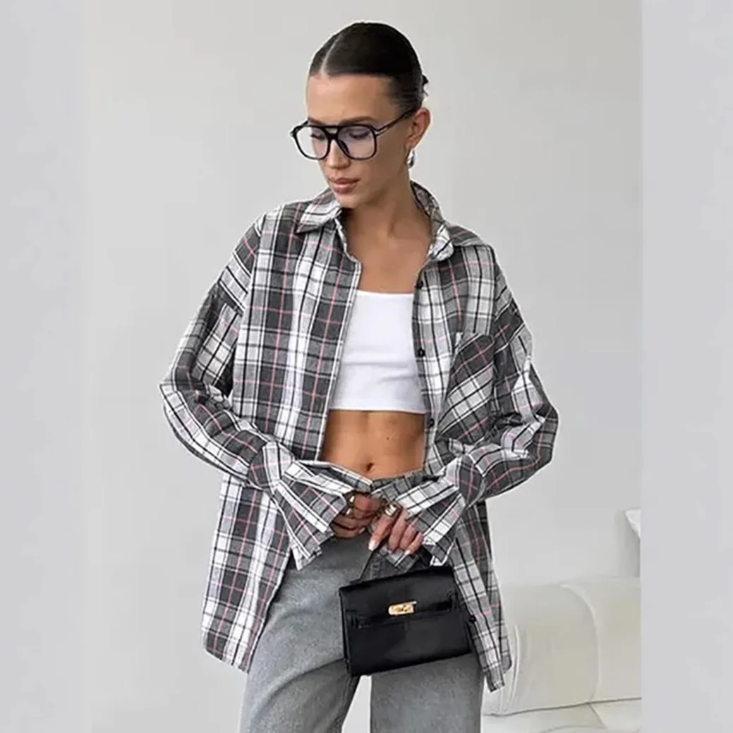 

2026 Spring and Summer Cross-border Design Plaid Shirt Women's Oversize Casual Cotton Shirt Loose Top