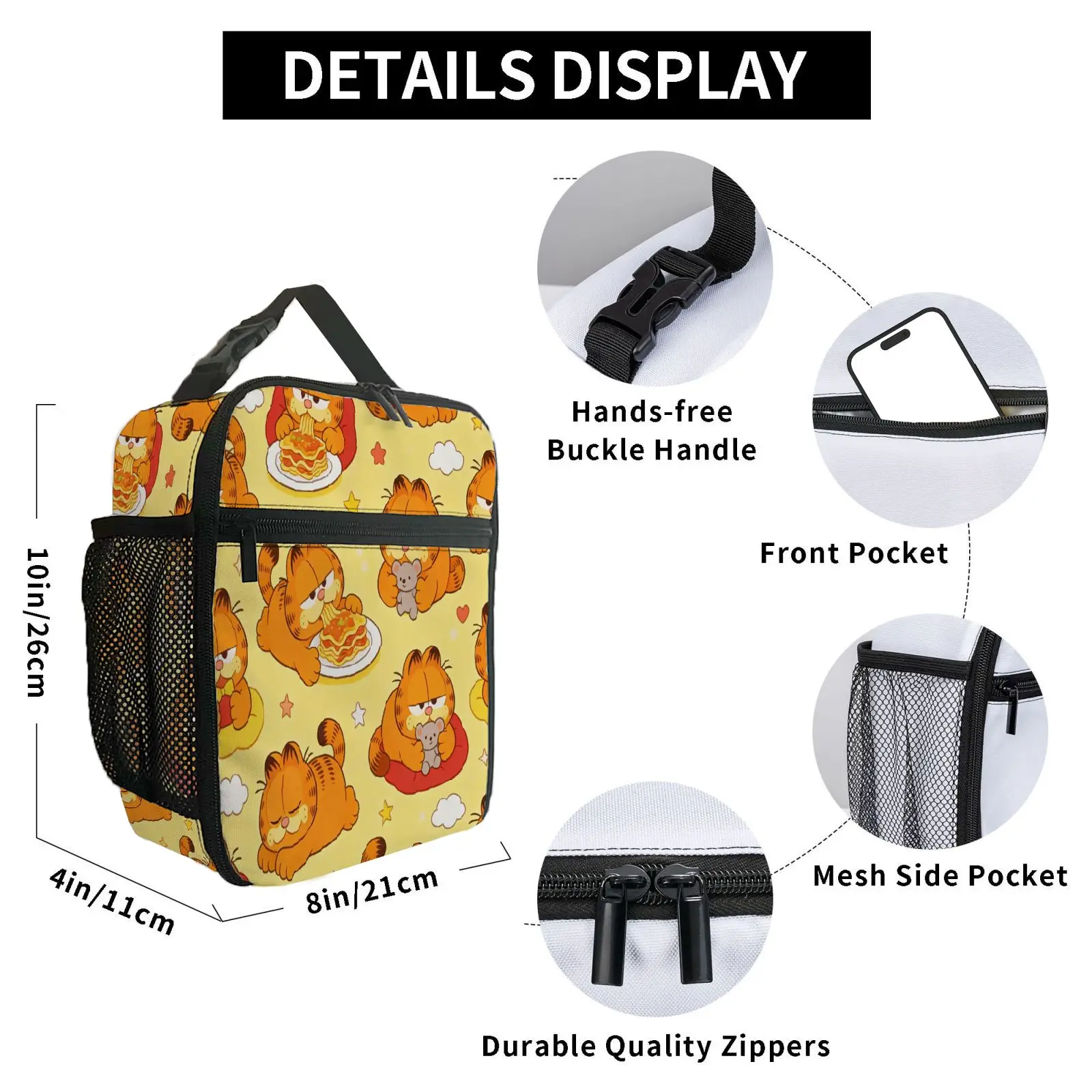 Cartoon Orange Cat Garfield Print Lunch Bag Portable Insulated Food Bag Cute Thermal Lunch Tote For Girls