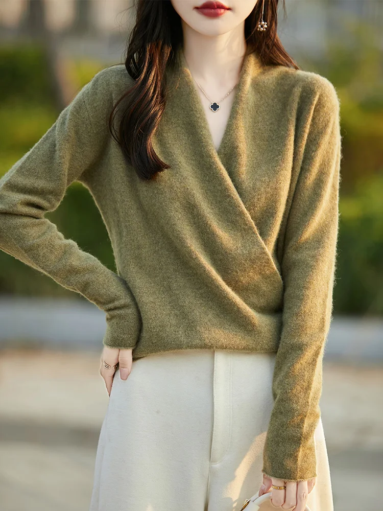 Femmes laine pull croix col en v pull automne hiver bureau dame 100% laine mérinos tricots chaud doux Style cachemire capote