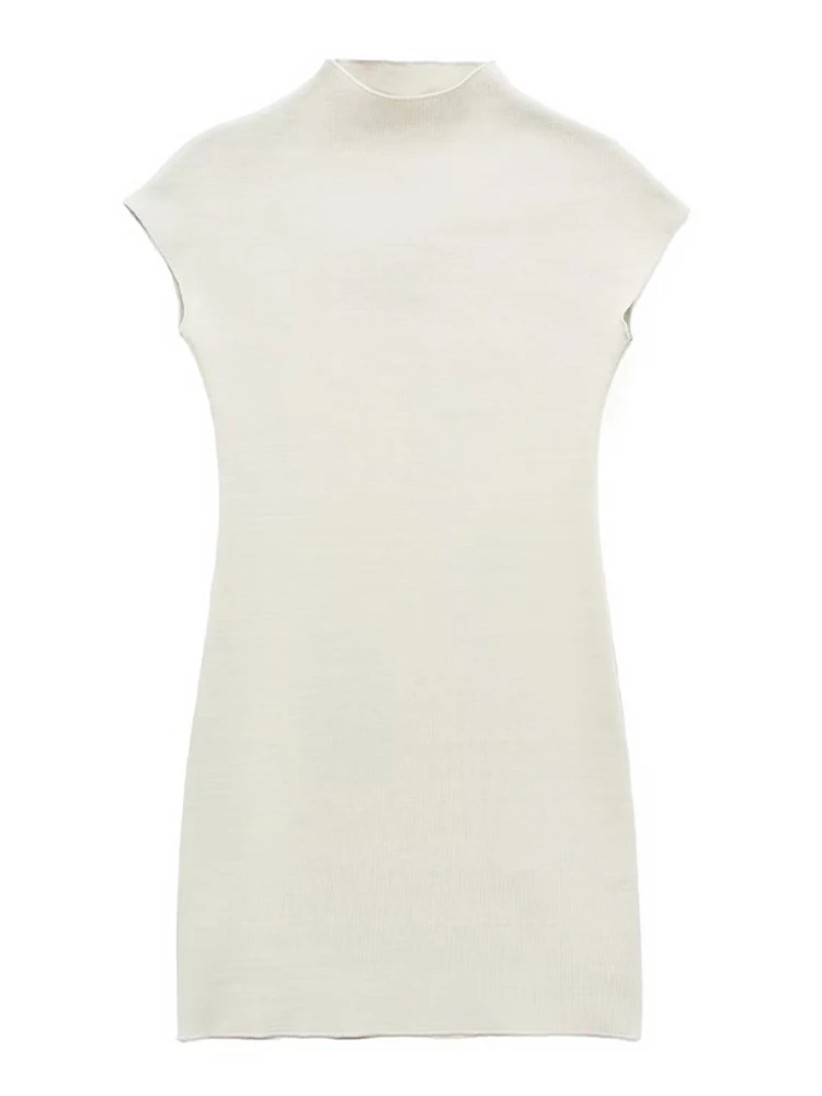 TRZA Damesmode stretch gebreide mini-jurk Vintage hoge hals mouwloze vrouwelijke jurken vestidos mujer