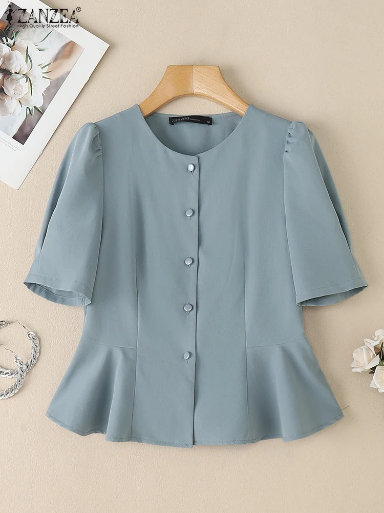 

ZANZEA Fashion 2025 Summer Blouses Ruffled Hem O-Neck Woman Solid Color Shirts Elegant Streetwear Short Puff Sleeve Peplum Tops