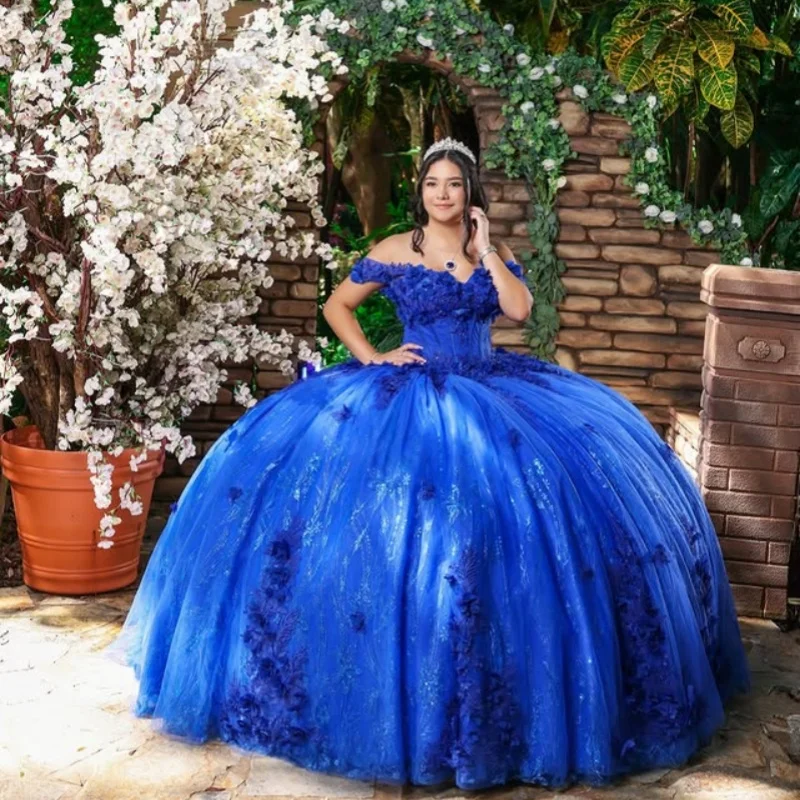 

Shiny Royal Blue Quinceanera Dresses off-shoulder Glitter Crystal 3D Flower Decal Long tail Vestido De 15 Quinceanera Customize