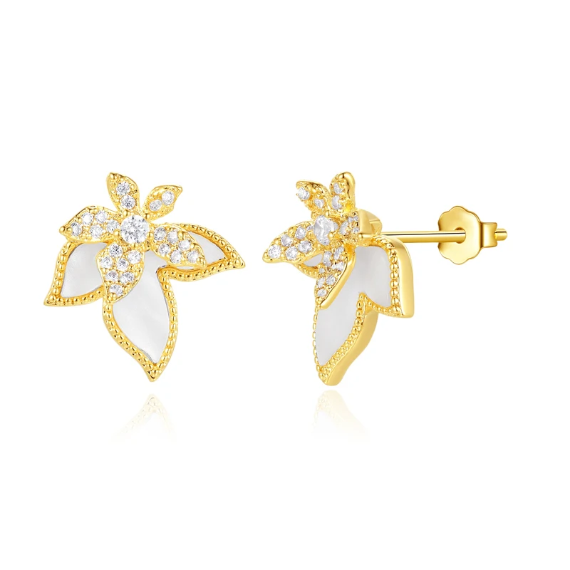 TKJ Leaf Shape Stud Earrings Gold Plating 925 Sterling Silver Zircon Double-layers Leaves Pierced Earrings Jewelry for Women